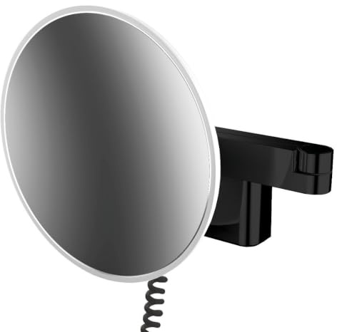 Emco EVO LED Rasier- und Kosmetikspiegel, rund, Doppelgelenkarm mit Wandanschluss Schwarz 20,9 cm 5-Fach & rund & Stecker