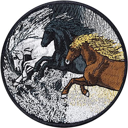 Aufnäher Pferde Mädchen Geschenk | Gesticktes Kunstwerk laufende/galoppierende Pferde Aufbügler Horses Patch/Bügelbild/Aufkleber Bügelflicken Applikation Jeans Flicken zum aufbügeln | 80x80mm