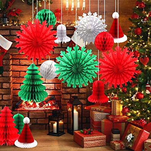 Retro Christmas Decorations Set, 16Pcs Paper Christmas Decorations Indoor Snowflakes Paper Fans Xmas Hats Trees Honeycomb Balls Bell Ceiling Hanging Decoration for Winter Home Xmas Wedding Decor