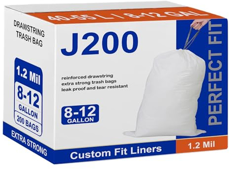 Code J (200 Count) 8-12 Gallon Heavy Duty Trash Bags 1.2 Mil THICK with Reinforced Drawstring 40-55 Liter Compatible with Code J White Garbage Liners Tear Resistant & Leak Proof