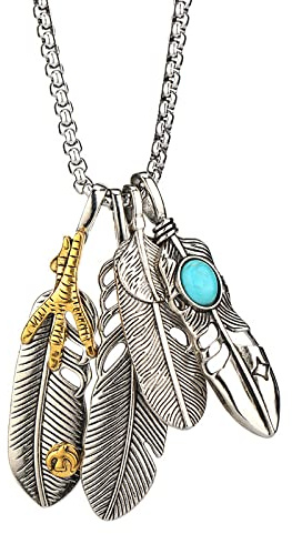 southbankstore Vintage lange Halskette Herren Adlerklaue Feder Anhänger Männliche Halsketten Blatt Boho Sommer Schmuck, Zink