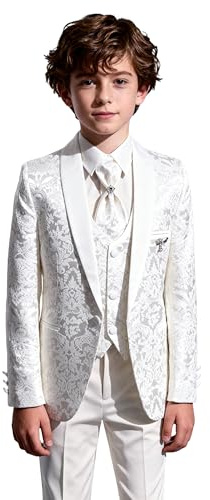 Boy’s Patterned Communion Tuxedo Suit Slim Fit 5 Piece Complete Occasion Outfit Set Harput 23 Ivory, Age 14 Years US