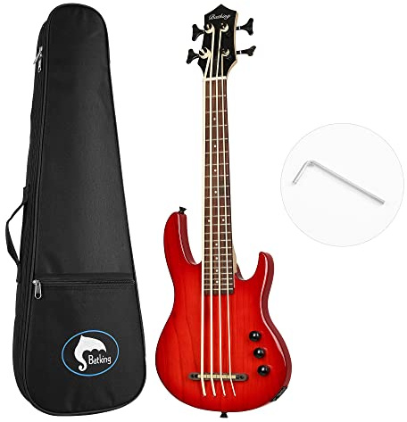 Batking Ukulele Bass Bund 4 Saiten Ukulele Elektro Reise-Bassgitarre mit Gigbag (Rot)