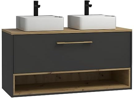 Vente-unique-Mobile per bagno sospeso con lavabo doppio da appoggio - 120 cm - Antracite - YANGRA