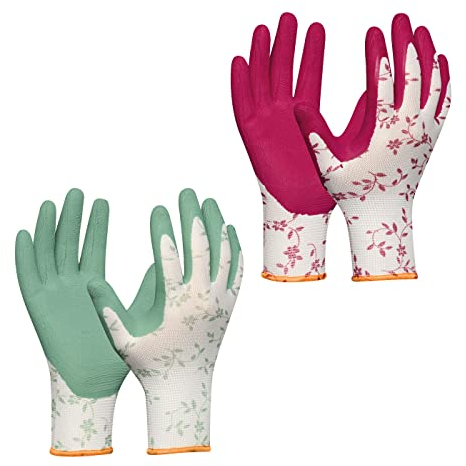 Gebol Flower Duo, 2 Paar Gartenhandschuhe Damen, Arbeitshandschuhe mit Latex-Beschichtung & Blumenmuster, atmungsaktiv mit Grip für Garten & Montage - Gr. M (Gr.8), Rot/Grün