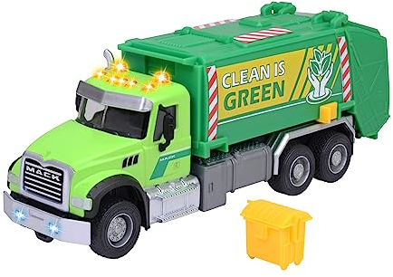 Majorette - Mack Granite Müllauto (22cm) - große Spielzeug-Müllabfuhr mit realistischer Kipp- und Entleer-Funktion inkl. Mülltonne, mit Licht & Sound, für Kinder ab 3 Jahre, Weißen