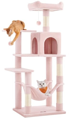 Feandrea 143 cm högt kattträd Flerskikts katthus med 4 skrapstolpar 2 plattformar Hängmatta grotta Pastellrosa PCT161P01