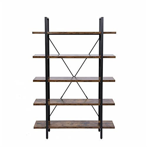 Storage Rack 4-Tier Industrial Bookcase and Book Shelves, Vintage Wood and Metal Bookshelves, Retro Brown YIJIAN (Color : Rustic Brown-5Tier-178x32x120cm)