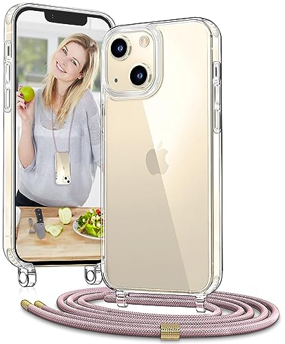Vaykwo Trasparente Cover con Cordino per iPhone 13 Mini 5,4'', Oro Rosa | Custodia con Collana, Regolabile e rimovibile, Trasparente Case con Laccio Tracolla,