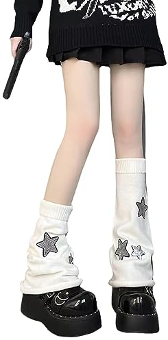 Rvnsu Damen Stulpen Stern Muster Gestrickte Beinstulpen Y2k Kawaii Socken Harajuku Fairycore Kleidung, Weiß/Stern, Einheitsgröße