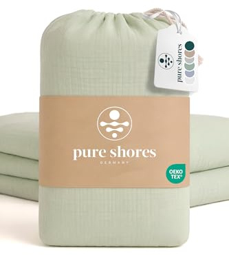 pure shores - Musselin Bettwäsche 135x200 | Bettwäsche 135x200 Baumwolle | Bettwäsche-Sets | 100% Baumwolle mit OEKOTEX | Reißverschluss | Bettwaren | Bedding Set | 1 Kissen 80x80 | Ozean-Grün