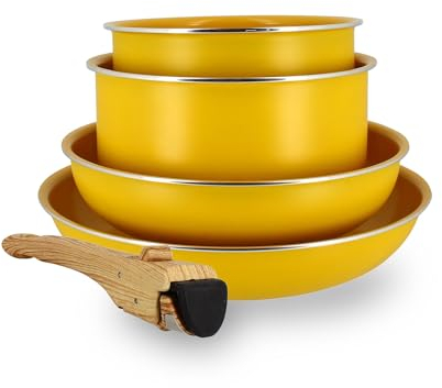 MENASTYL - Batterie de Cuisine Amovible Empilable - Tous Feux Dont Induction - Revêtement Céramique Antiadhésif sans PFAS - Gamme Colorama - Couleur Safran - 2 Poêles + 2 Casseroles + 1 Poignée