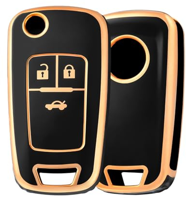 OFF WE GO Autoschlüssel Hülle Schlüsselhülle Cover Schlüsselcover Schutz Gehäuse Schlüsselbox für Chevrolet Aveo Opel Vauxhall Cruze Spark Astra Insignia Vectra Zafira Adam Cascada, Schwarz Gold