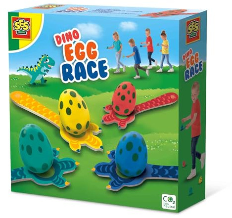 SES Creative | Dino Eierlauf Spiel für Kinder | Outdoor Bewegungsspiel mit 4 Holzlöffeln & Dino-Eiern | Garten-Wettlauf ab 3 Jahre | Inklusive Aufbewahrungstasche | Motorikspiel Dinosaurier Set
