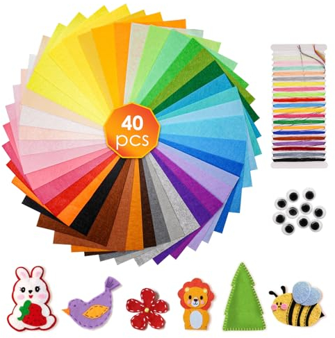 Filz 40 Farben bastelfilz, Filz zum Basteln 30X20CM, Bunter Filzstoff, DIY Filzplatten, Felt Fabric Filzrolle, Filzen für Kinder, Kinder Vliesstoff Stoff Filzplatten, mit 11 Bastelfilz Zubehör