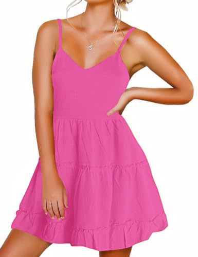 FANCYINN Vestidos con Tirantes Finos y Cuello en V para Mujer sin Espalda sin Mangas Vestido Floral con Volantes Vestido Informal Rosa Rojo S