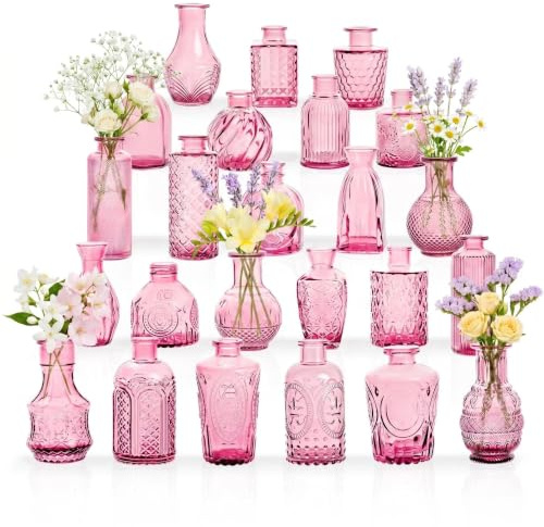 Kleine Glasvasen Set von 24, für Tischdekoration, Hochzeit, Empfang, Zuhause, Vintage-Flaschen, Transparent, Dekorative Glasvasen mit Deckeln (24, Rosa-Orange)