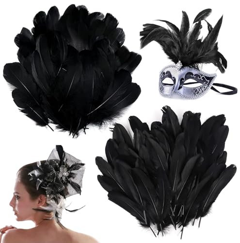 Federn zum Basteln, 100 Stück 2 Stile Schwarze Federn, (9-15cm/12-17cm) Schwarz Deko Federn, für Hochzeitsdeko Party Deko DIY Basteln Weihnachten Traumfänger Ohrringe Faschingskostüme Halloween Masken