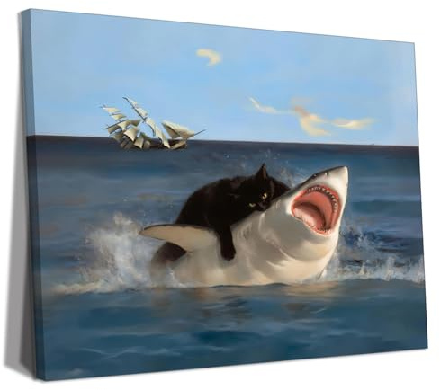 Yaneiro Framed Black Cat Bathroom Wall Art, Funny Quirky Cat and Shark Pictures Canvas Print, Abstract Black Cat Shark Posters Wall Decor for Room Bedroom Living Room Bathroom 12x16 in