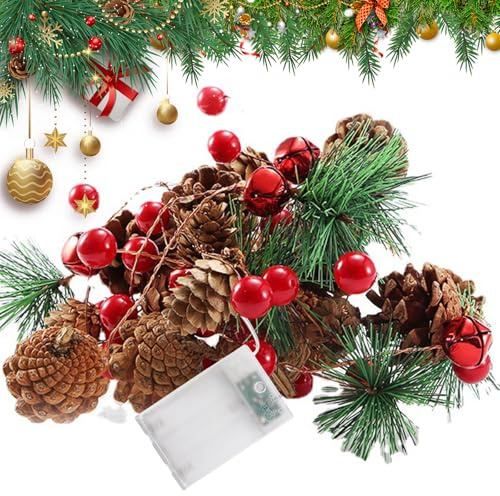 Weihnachten Lichterketten, 2M Weihnachtsgirlande mit 20 LEDs in Warmweiß, Tbatteriebetrieben Annenzapfen-Lichterkette mit Rote Beeren Dekor für Außen &Innen Weihnachten Neujahr