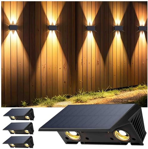 IIRARA Solar Fence Lights Outdoor Garden, Ambient Atmosphere, 4-Pack Warm White, Up & Down Solar Wall Lights Outdoor, Waterproof, Fence Lights Solar Powered for Yard/Pool/Porch