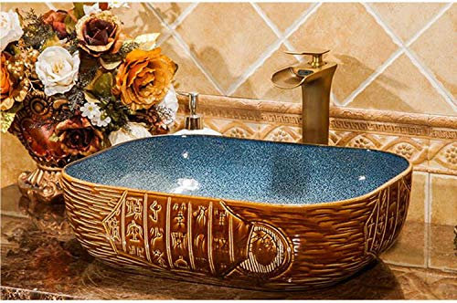 Lavandino per lavabo Lavandino per Bagno Rettangolare Lavandino per Bagno in Ceramica Smaltata Colorata incisa a Mano Lavandino per Bagno da appoggio-9