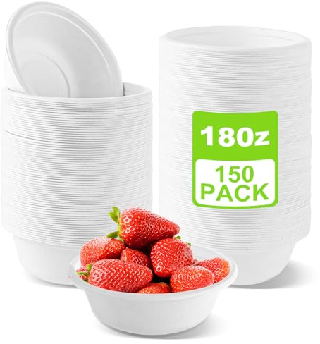 DAJAVE 150 Pcs Paper Bowls 18oz Disposable Bowls for Hot Food, Large Party Bowl Biodegradable and Compostable Paper Bowl for Party, Picnic, BBQ