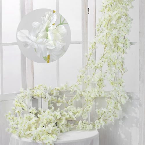 BSITSSS 3 PCS Cherry Blossom Garland, 180cm Cherry Blossom Vines, White Flowers Artificial Cherry Blossom Flowers, Cherry Blossom Flower Garland, Fake Hanging Flowers for Wedding Party Garden Decor
