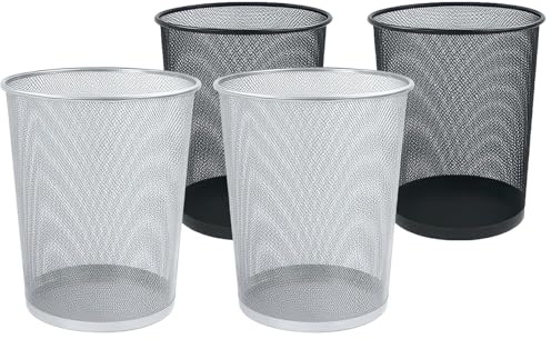 CABLEPELADO Papelera Malla Metalica 12 litros - 21.5 x 27 cm - Escritorio de Metal - Malla Metal - Fondo Plano - Habitación - Ventilada (Pack 4 Gris y Negro)
