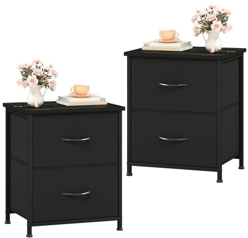 Somdot Nachttisch Schlafzimmer, 2 Stoffschubladen, 2er Set, Schwarz | Nachtkästchen, Nachtschrank, Stoffschubladen, Metallrahmen, konstruierte Holzoberplatte, Wohnzimmer, 30T x 42B x 50H
