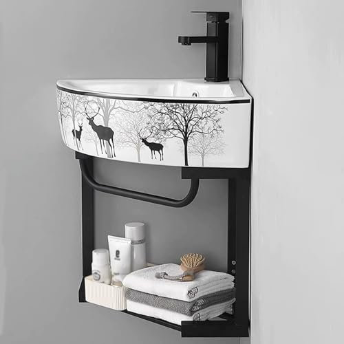 YUGXTH Angolare Bagno Lavabo, Mobili da Bagno con Portasciugamani, Lavabo in Ceramica con Staffa in Acciaio Inox, Lavandino per Cucina di Casa, Patio, Lavanderia