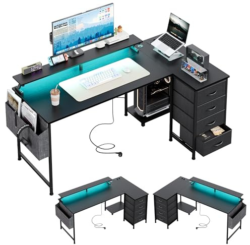 CAIYUN Eckschreibtisch mit 4 Stoff Schubladen, 160x80cm Schreibtisch L Form Reversibler mit USB-Ladeanschluss und Steckdose, L förmiger Schreibtisch mit Monitorablage für Homeoffice, Schwarz