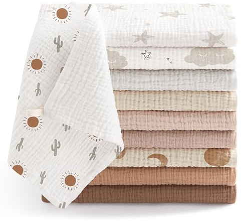 Bearmoss10 Stück Baby Musselin Waschlappen Moltontücher 100% Baumwolle Weiche Spucktücher Baby,Atmungsaktiv und Extrem Saugfähig Musselin Tuch für Saugstark Mulltücher 25 x25cm(Gelbbraun)