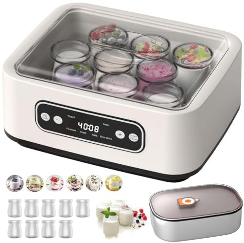 BESTXH Bianca, Yogurtiera con Controllo della Temperatura, Yogurtiera Automatica, con 9 Vasetti in Vetro E Contenitore Interno in Acciaio Inox da 1,6 L, per Yogurt Biologico Fatto in Casa
