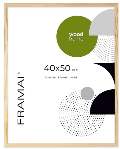 FRAMAI Cadre photo 40 x 50 cm, naturel, en bois véritable, avec plexiglas incassable, crochet de suspension et support