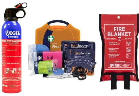 Premium Fire Extinguisher and Fire Blanket. Fire safety Bundle for Emergencies (1kg Extinguisher, Blanket and Premium Burns Kit)