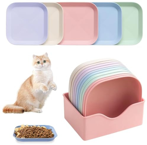10 Stück Katzennäpfe, Katzennapf Flach, Futternapf Katze mit Ständer, Bunt Runden Katzen Futternapf für Trocken und Nassfutter, für Mehrkatzenhaushalte Tägliche Fütterung, Trinken