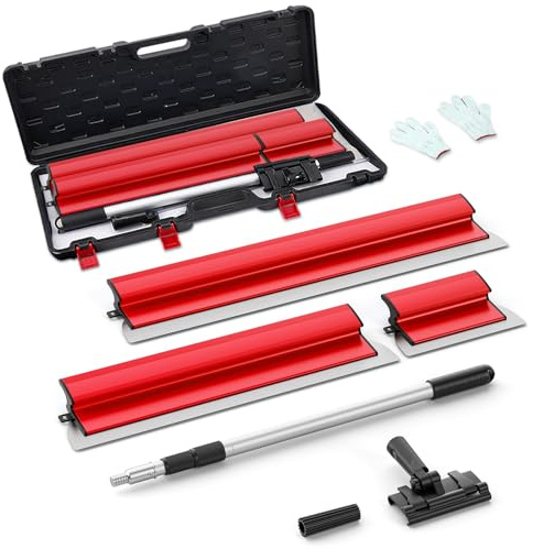 Trsaow Juego de 3 espátulas para juntas con mango telescópico, espátula ancha de acero inoxidable para superficies lisas en paredes, techos, esquinas – ajustable, fácil de cambiar y almacenar