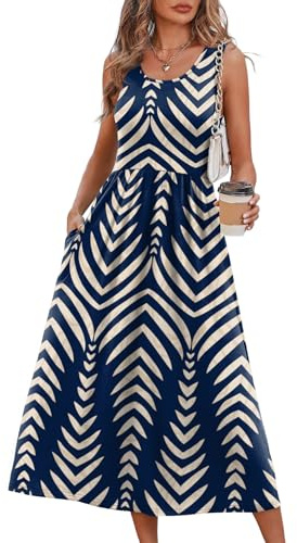 WIHOLL Casual Summer Dresses for Women 2025 Sleeveless Flowy Sun Spring Dress Sundresses Boho Italian Beach Vacation Dress Long Maxi Midi Dresses for Women 2026 Cruise Resort Wear Navy Stripe L