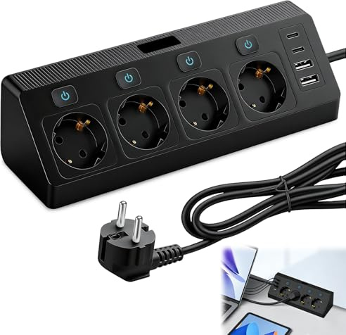 Prise d'angle avec 2 USB et 2 USB C : multiprise 4 prises avec interrupteur, parasurtenseur 8 en 1 avec câble de 2 m, prise de cuisine, prise de bureau, multiprise murale