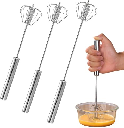 3 Stück Halbautomatischer Schneebesen aus Edelstahl, Einfacher Automatischer Schneebesen, Drehbarer Push Mixer Rührer zum Schneebesens, Schlagen, Rühren(27+30+33cm)