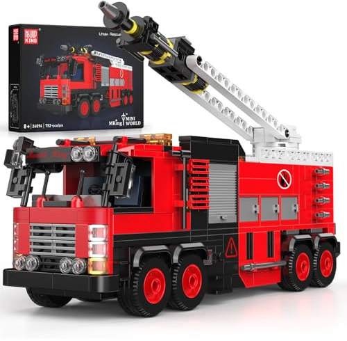 Mould King Klemmbausteine Technik LKW Modellbausatz Mit klappbarer Dachleiter, Feuerwehrauto Bausteine Rot Truck Modell, 24094 MOC Sammlerstücke Geschenke für 8+ Kinder & Erwachsene (752Teile)