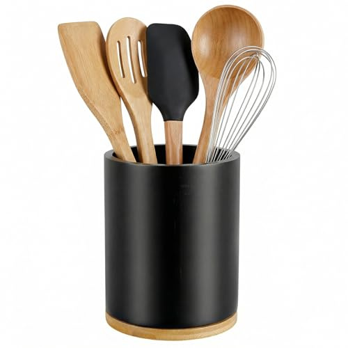 Dwitkul Organizador de Utensilios Giratorio de 360 ​​°,Soporte Utensilios Cocina de Bambú Negro, Utensil Holder for Kitchen Counter para Encimera de Cocina.(18.5×15.5×15.5 cm)