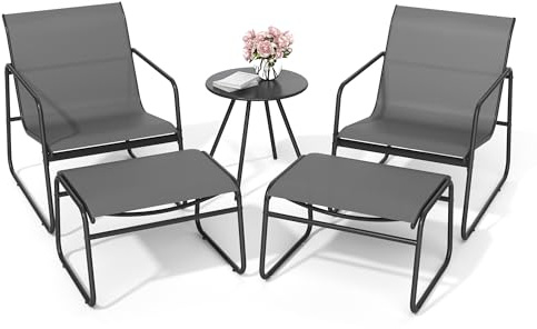 Pamapic Set med trädgårdsmöbler, 5-delat set med balkongmöbler, bistrobord med 2 stolar och 2 pallar, andningsbart Textilene-tyg, bistroset för trädgård, balkong, veranda, terrass, utomhus, grå