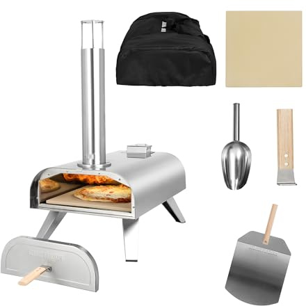 George Foreman GFDFPO2SSPC Four à pizza portable à double combustible en acier inoxydable avec sac de transport et pagaie, granulés de bois ou barbecue à gaz et fumoir 30,5 cm