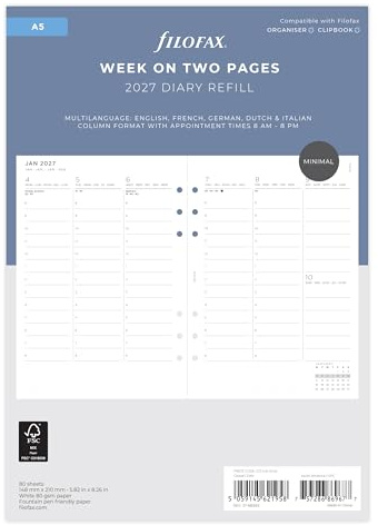 Filofax Kalendereinlage Minimal Week to view Vertical A5 with appointments 2027
