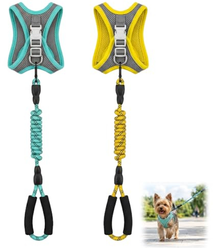 2 Hundegeschirr Kleine Hunde mit Leine Step In GeschirrHund, AntiZug Reflektierend Atmungsaktiv Brustgeschirr, Welpengeschirr Verstellba Haustiergeschirr für KleineHunde Katzengeschirr Gelb&Grün 1-3KG