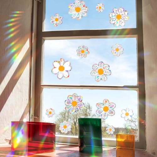 SOLVIO Daisy Window Stickers for Glass, Anti Collision Bird Window Clings to Deter Birds, Shiny Light Prism Sun Catchers for Windows, Reusable Floral Decals for Home Office Decor