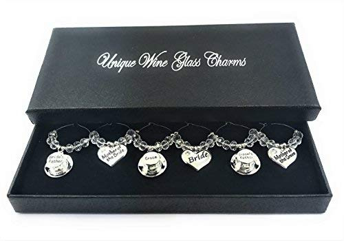 Set of 6 Wedding Top Table Wine Glass Charms with Gift Box