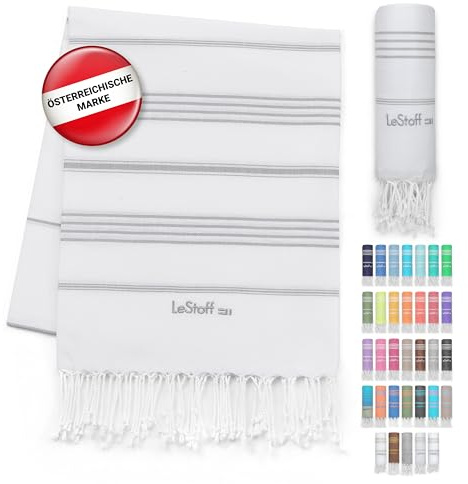 LeStoff Hamamtuch Strandtuch, 100% Bio-Baumwolle, 95x180 cm, Weiß/Grau | Badetuch, Saunatuch und Duschtuch für Spa, Sport, Yoga und Reisen – nachhaltig, natürlich, weich und vorgewaschen